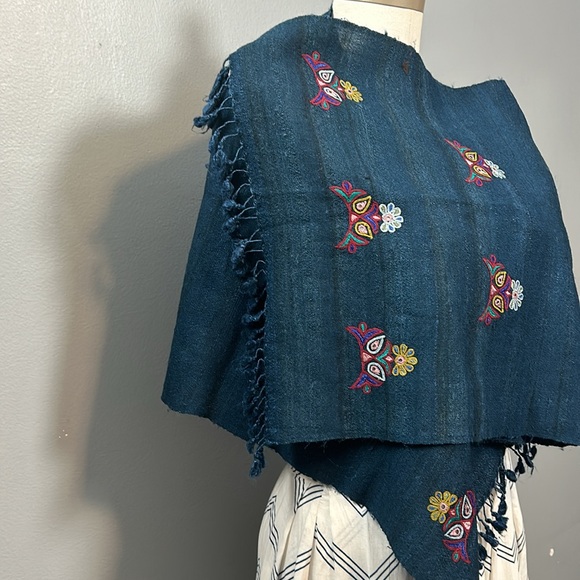 Petroleum Green Cotton Embroidered Tasseled Scarf - Picture 3 of 17